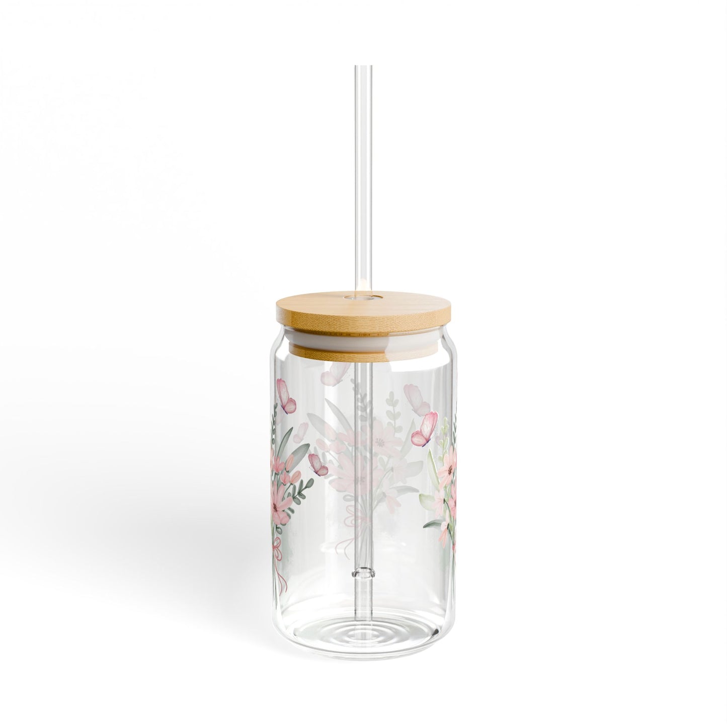 Blumen Sipper Glas mit Schmetterling. Wiederverwendbares Trinkglas mit Bambusdeckel | Perfektes Geschenk zum Muttertag oder Geburtstag