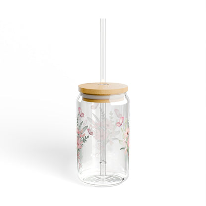 Blumen Sipper Glas mit Schmetterling. Wiederverwendbares Trinkglas mit Bambusdeckel | Perfektes Geschenk zum Muttertag oder Geburtstag
