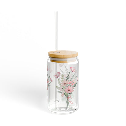 Blumen Sipper Glas mit Schmetterling. Wiederverwendbares Trinkglas mit Bambusdeckel | Perfektes Geschenk zum Muttertag oder Geburtstag