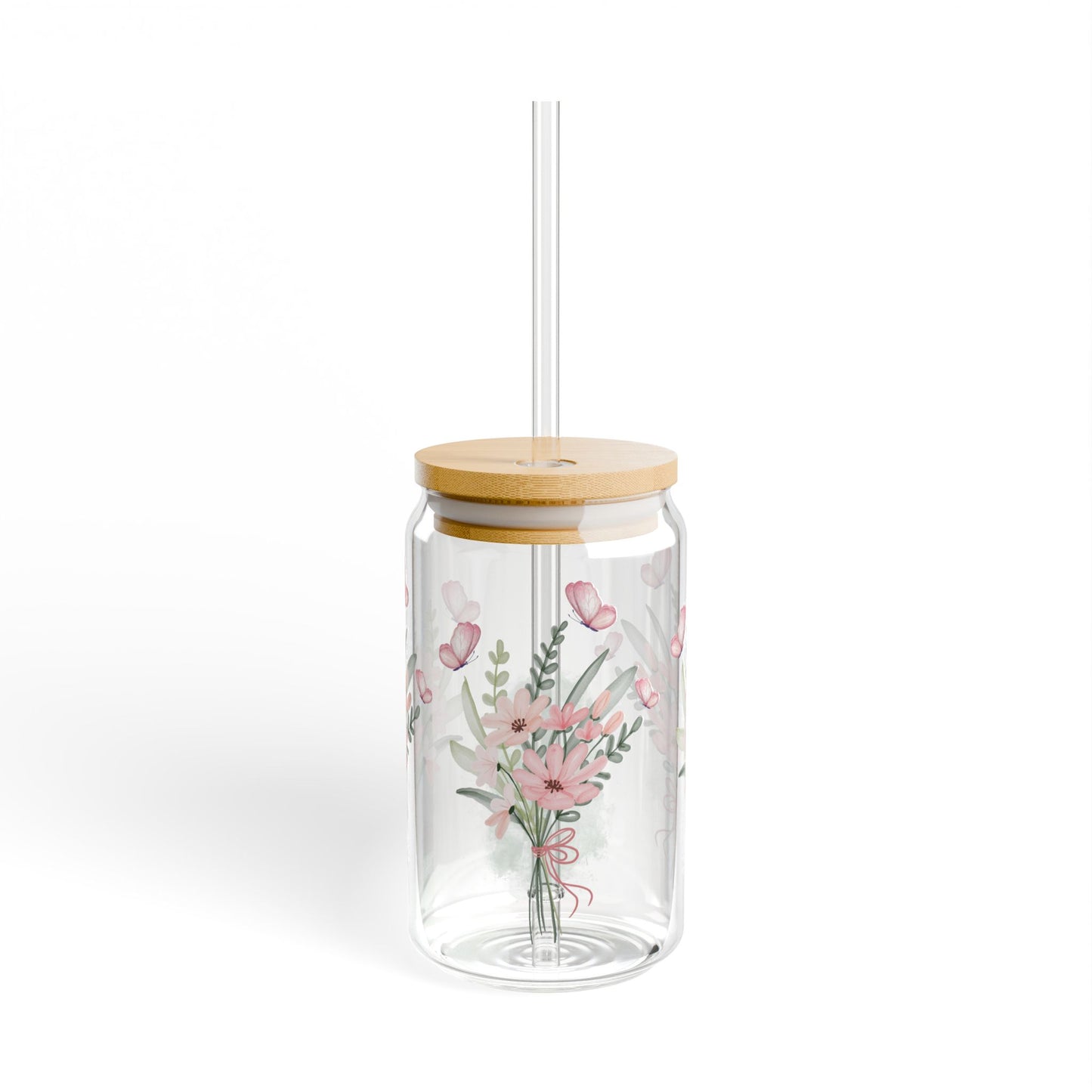 Blumen Sipper Glas mit Schmetterling. Wiederverwendbares Trinkglas mit Bambusdeckel | Perfektes Geschenk zum Muttertag oder Geburtstag