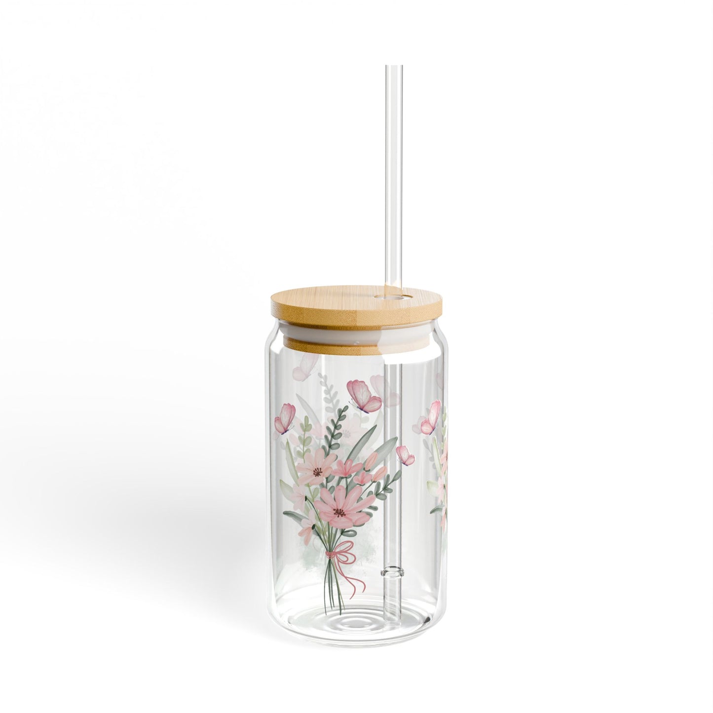 Blumen Sipper Glas mit Schmetterling. Wiederverwendbares Trinkglas mit Bambusdeckel | Perfektes Geschenk zum Muttertag oder Geburtstag