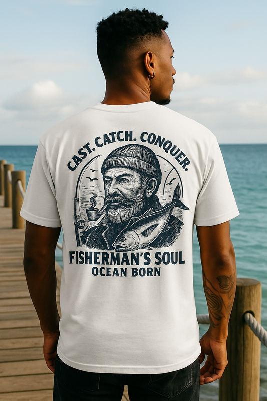 Fisherman’s Soul – Vintage T-Shirt mit Anker & Angelruten Emblem