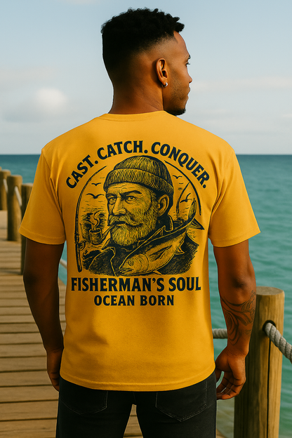 Fisherman’s Soul – Vintage T-Shirt mit Anker & Angelruten Emblem